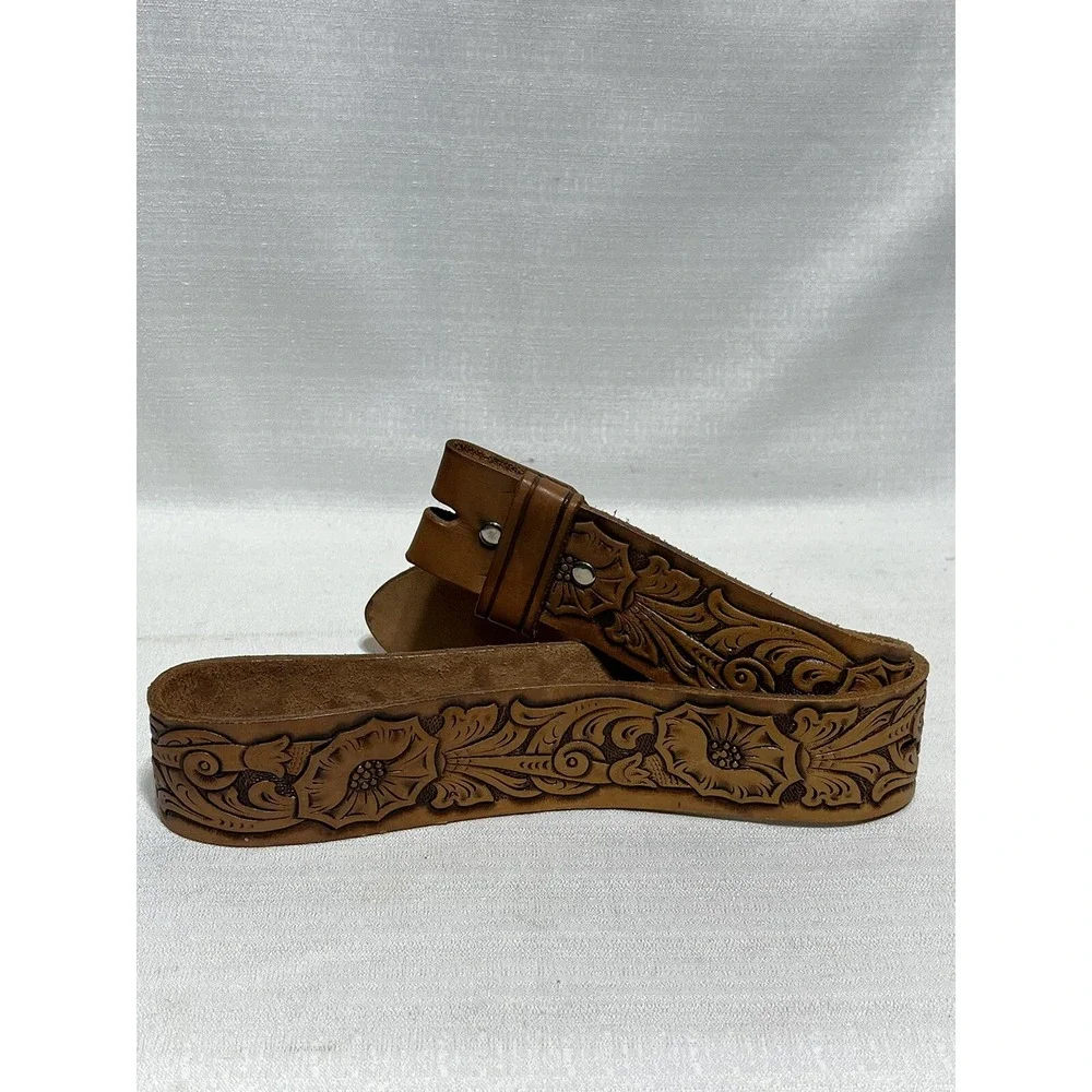 Belt Leather JC Penney Hand Finished Brown Floral Morning Glory Sz 30 #27016 VTG